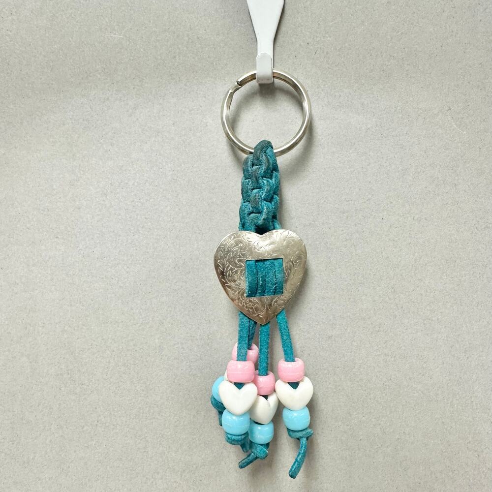 Vintage 90s handmade suede leather and bead macrame Keychain heart concho boho